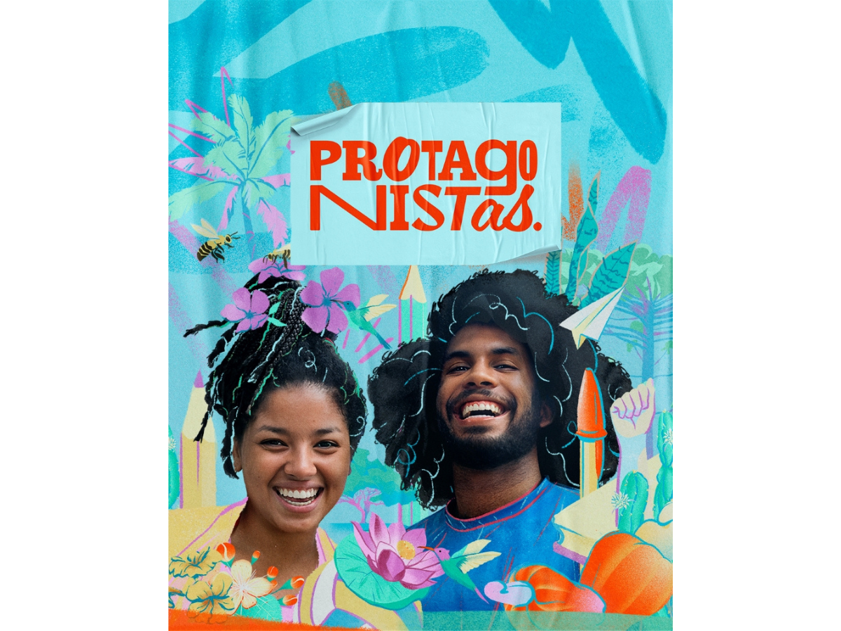 A colourful poster featuring a young man and women, laughing. They are overlayed with bright illustrations of flowers and scribbles