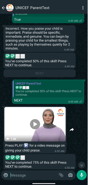 Screenshot of a WhatsApp conversation with UNICEF ParentText