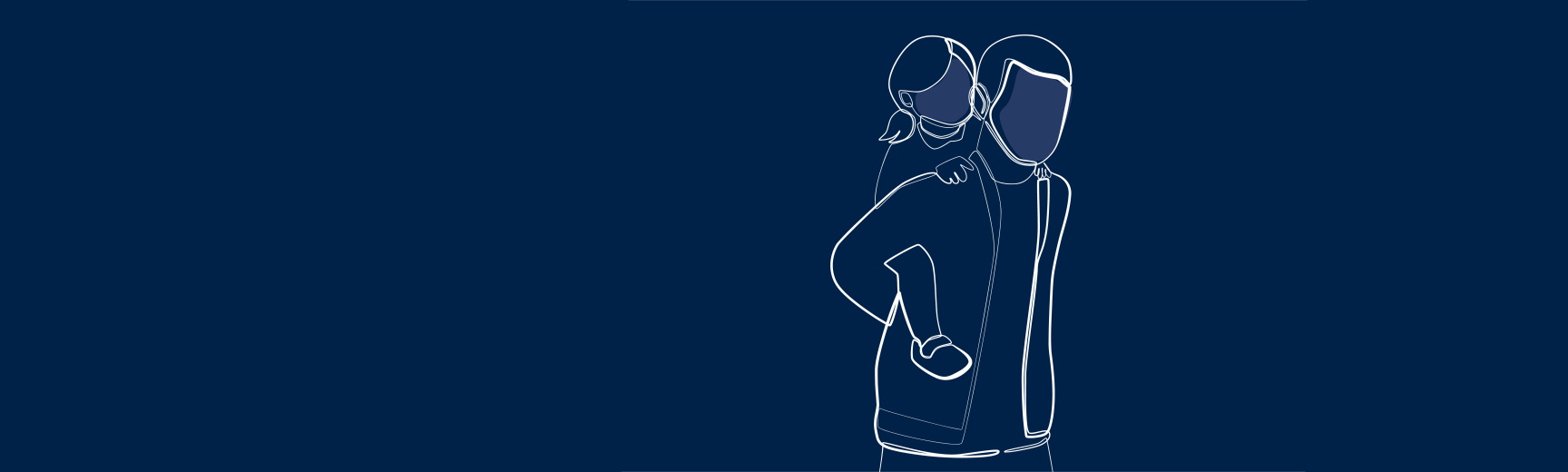 White-line illustration of a person holding a child on their back