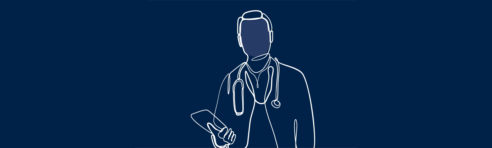 White-line illustration of a doctor holding a clipboard