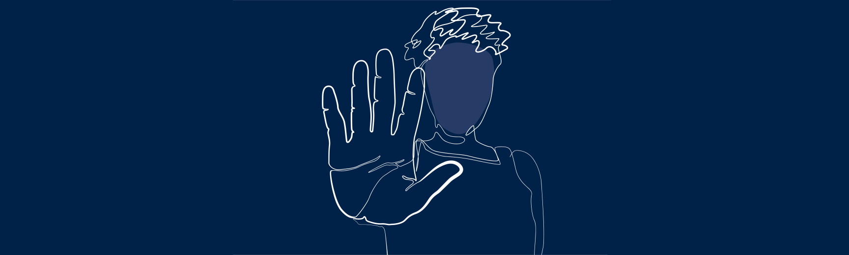 White-line illustration of a person holding out their hand in the 'stop' signal