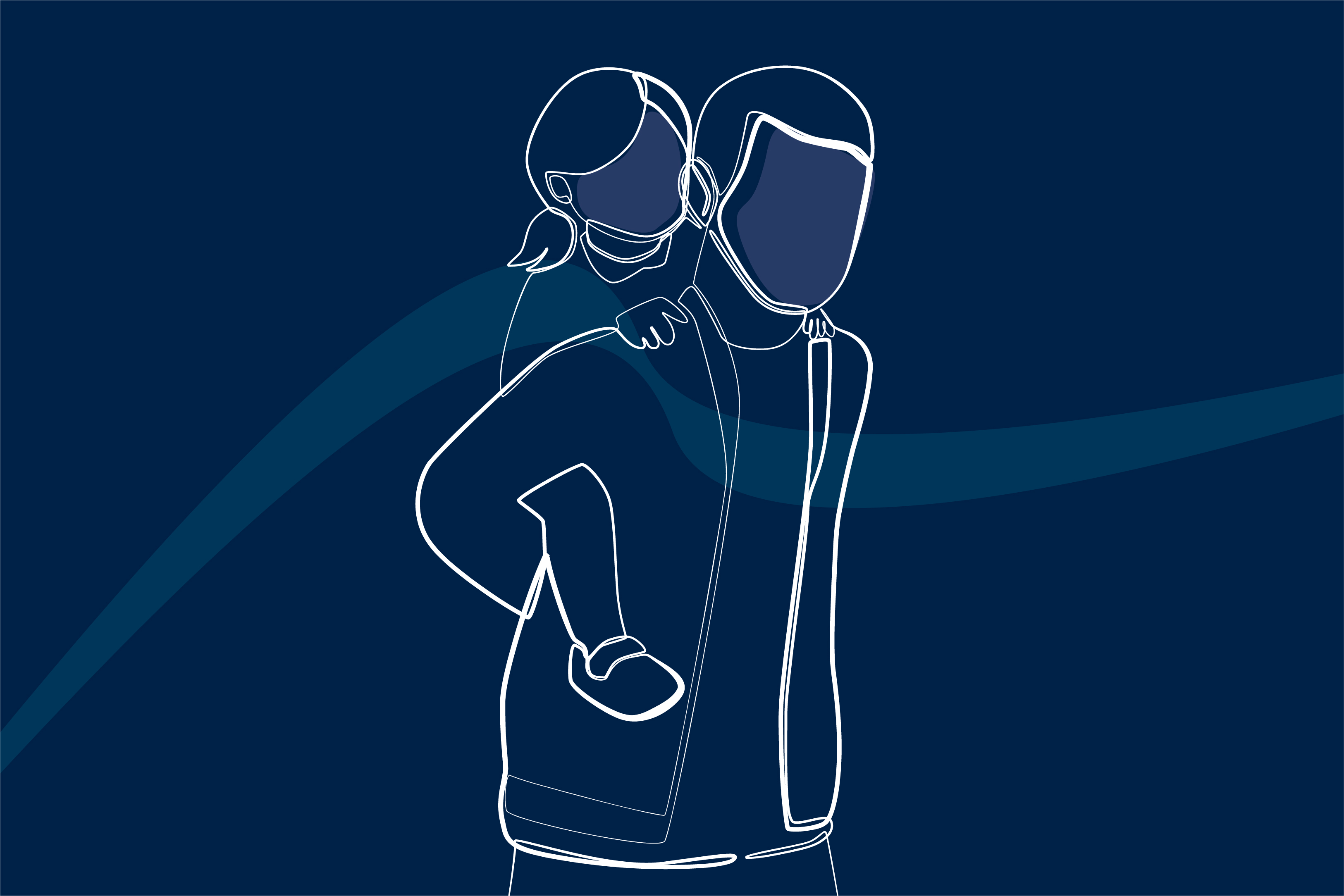 White-line illustration of a person holding a child on their back