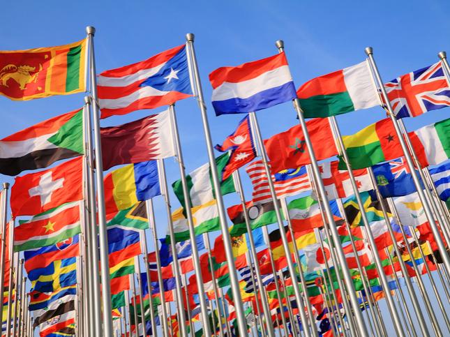 Multiple rows of national flags on flagpoles against a bright blue sky. 
