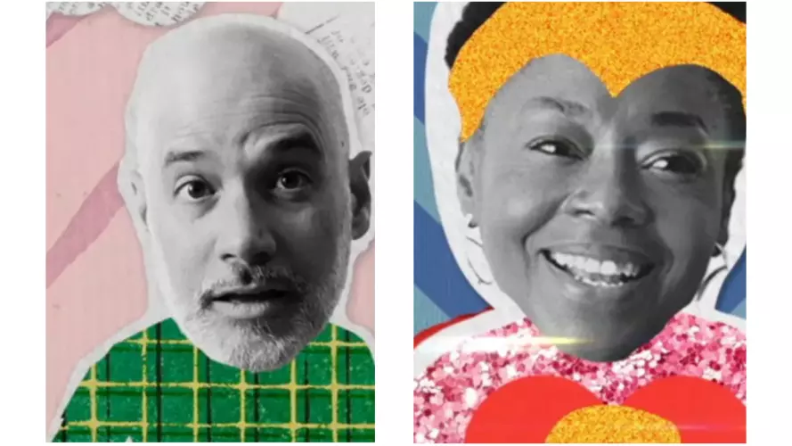 Two side-by-side collage portraits. On the left, a bearded man in black and white wears a green-and-yellow checked top against a pale pink abstract background. On the right, a smiling Black woman in black and white has bright orange textured hair and wears a pink glittery top with a large red-and-orange heart motif, set against a blue-and-white abstract background.