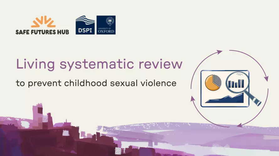 Graphic titled 'Living systematic review to prevent childhood sexual violence' featuring Safe Futures Hub, DSPI and University of Oxford logos, with an image indicating research and data analysis and a cityscape image along the bottom.