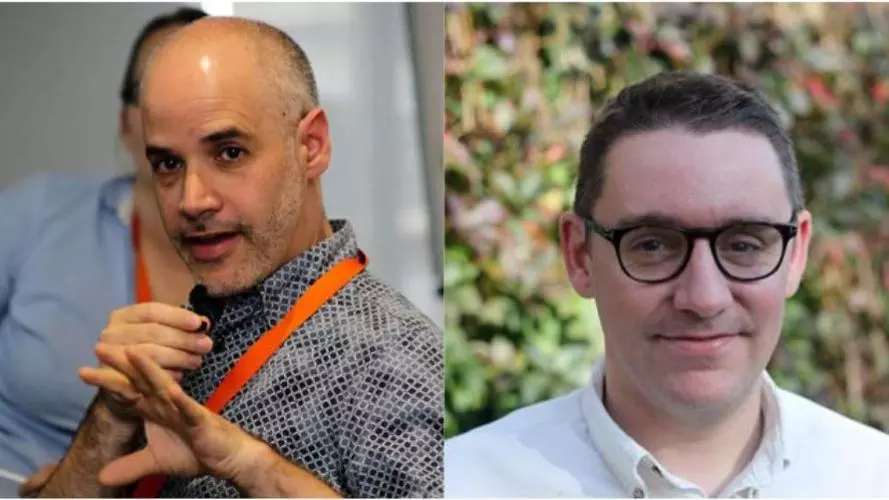 Side-by-side images of Jamie Lachman and David Humphreys. Jamie is wearing a patterned grey shirt and is mid-speech, gesturing with his hands. David has short brown hair, dark glasses and is wearing a white shirt, smiling at the camera.
