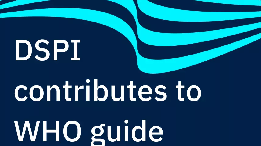 Navy blue graphic with bright blue curved lines across the top. White text reads 'DSPI contributes to WHO guide'