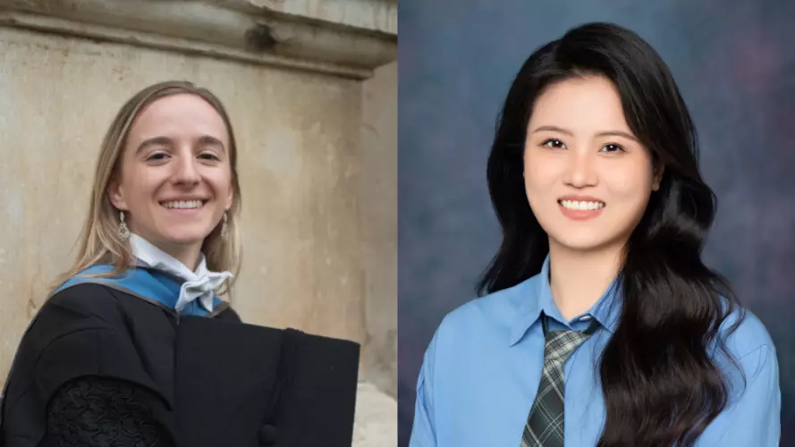 Joana Geisler (left) has shoulder length hair wearing a graduation gown, looking directly at the camera.