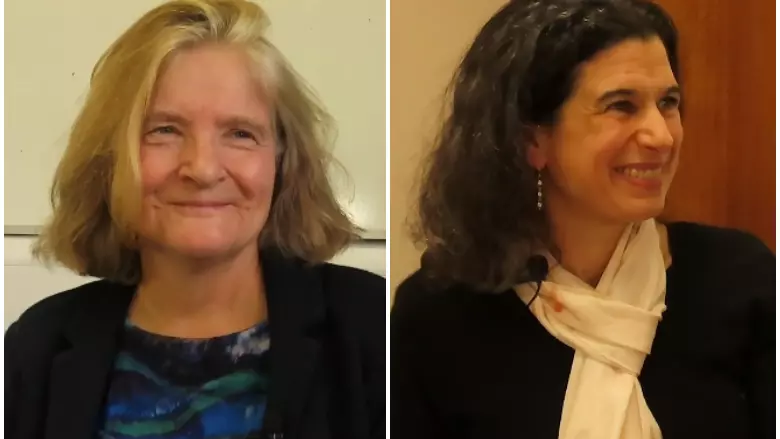 Professor Gardner and Professor Cluver. Prof Gardner has short blonde hair. She is wearing a dark blouse with a dark blue and green abstract pattern. Prof Cluver has long curly black hair. She is wearing a black top and pale pink scarf.