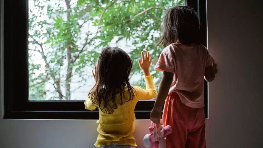 Two young children seen from behind. They are standing and looking out of a large window at some trees. -- Odua Images, stock.adobe.com