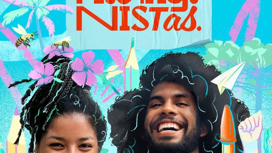 A colourful image of a young man and women laughing, surrounded by brightly coloured illustrations. 