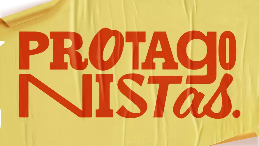 Red writing 'Protagonistas' in various graphic fonts on a yellow background