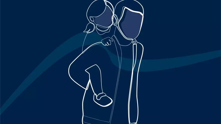 White-line illustration of a person holding a child on their back