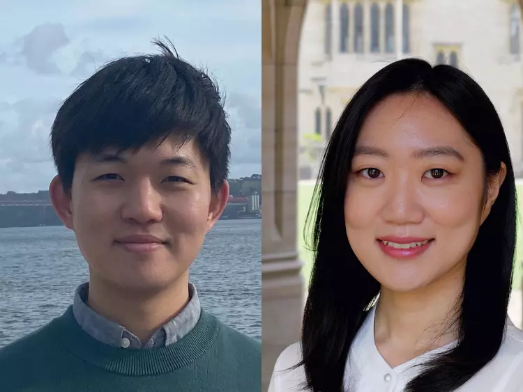 This is a collage of two people Kun Lee and Solhee Han both smiling at the camera.   
