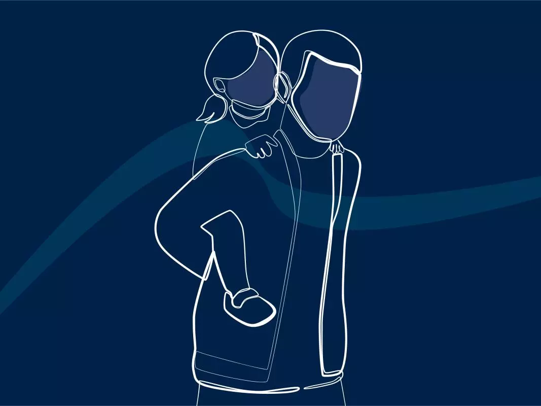 White-line illustration of a person holding a child on their back