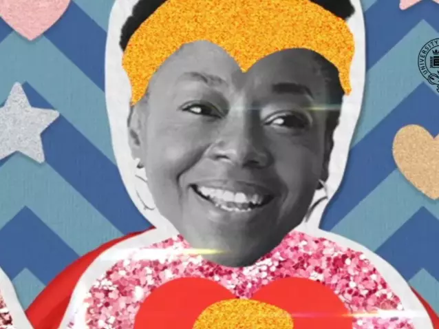 A colourful collage featuring a smiling Black woman’s face framed by glittery orange and pink shapes, set against a blue zigzag background decorated with hearts and stars. A University of Oxford logo appears in the upper-right corner.