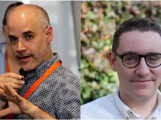 Side-by-side images of Jamie Lachman and David Humphreys. Jamie is wearing a patterned grey shirt and is mid-speech, gesturing with his hands. David has short brown hair, dark glasses and is wearing a white shirt, smiling at the camera.