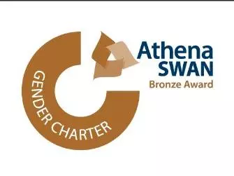Logo for the Athena Swan Bronze Award, including light brown swish with word Gender Charter in white font