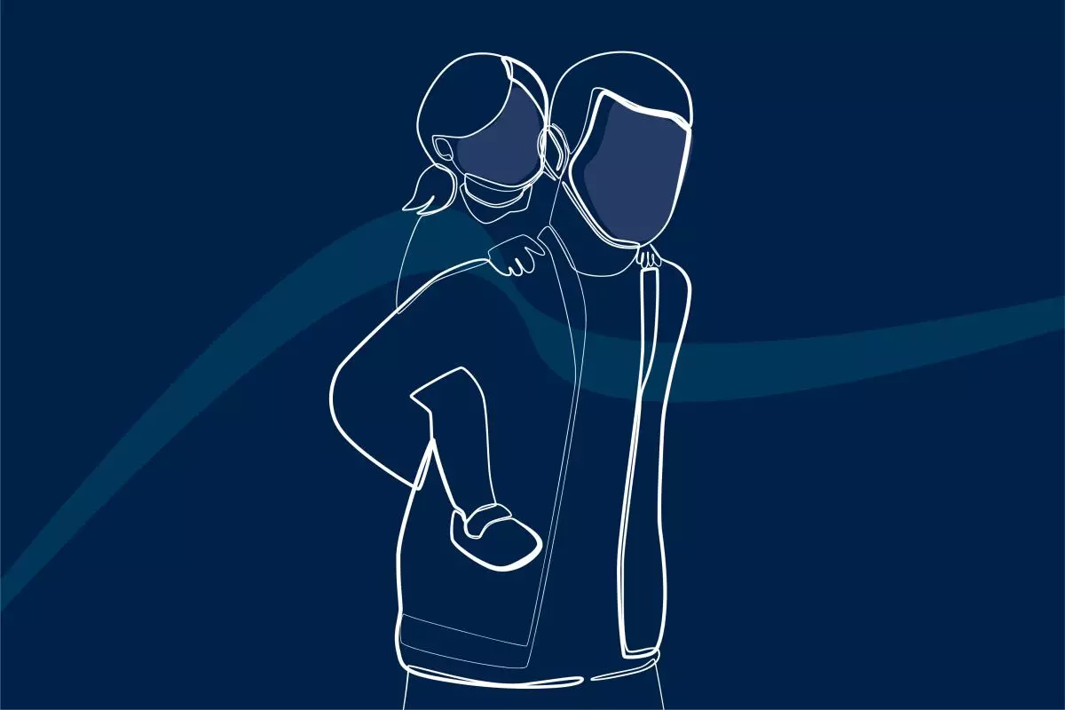 White-line illustration of a person holding a child on their back