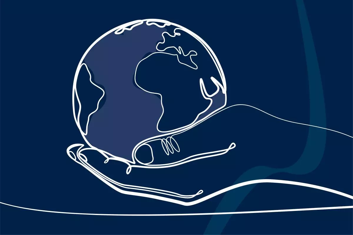 White-line illustration of a hand holding a globe