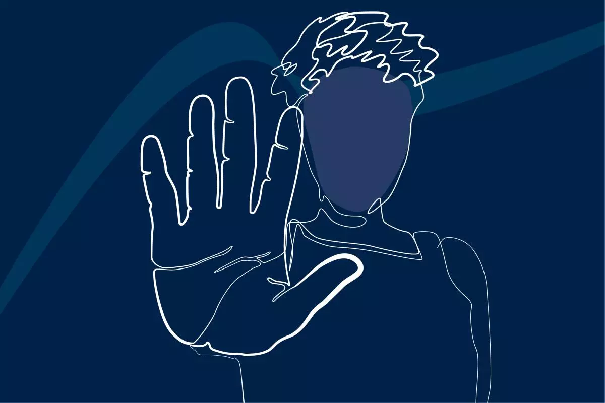 White-line illustration of a person holding out their hand in the 'stop' signal