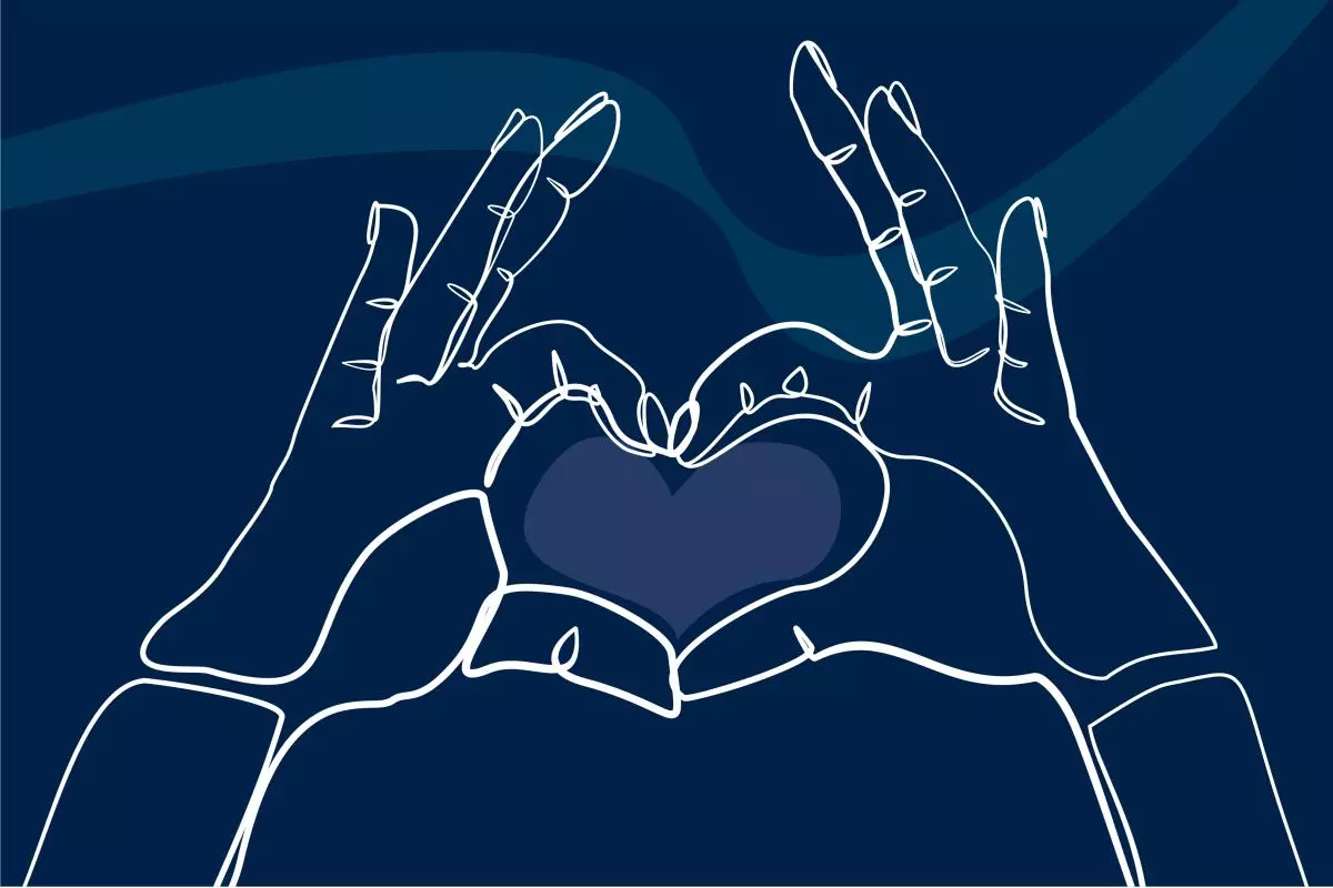 White-line illustration of two hands with fingers positioned to form a heart shape